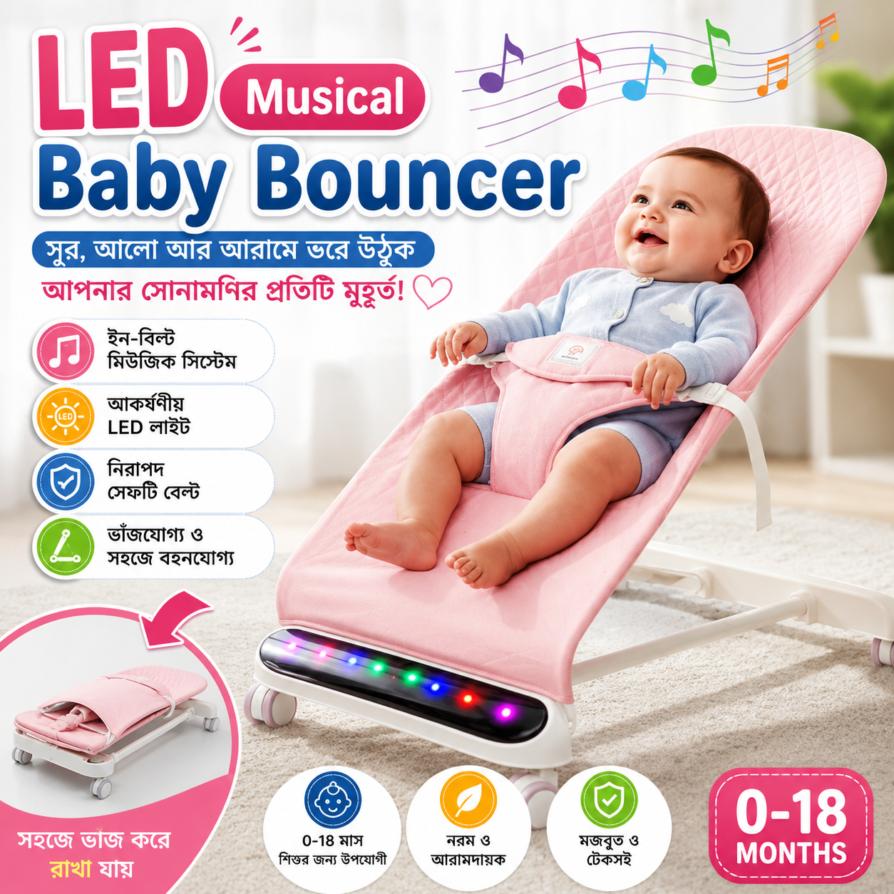Home baby bouncer chair with music and led light